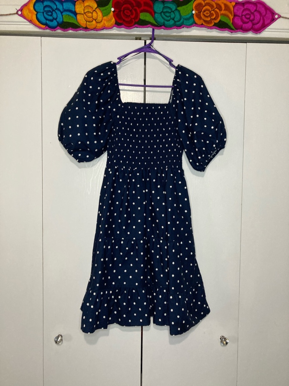 Preppy Kentucky Derby Smocked Puff Short Sleeve Navy White Polka Dot Mini Dress